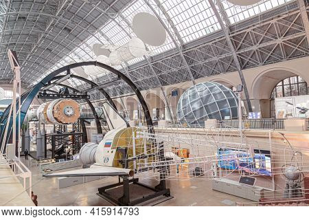 Moscow, Russia - November 28, 2018: Space museum. Inside The Cosmonautics and Aviation Centre in the Cosmos pavilion of VDNH. Aircraft exhibition. Rocket science.