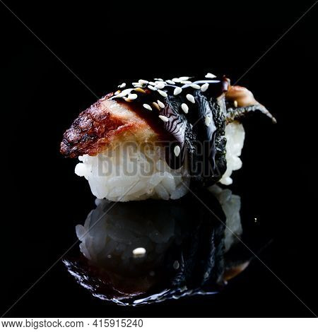 Eel Sushi Unagi Nigiri Sushi Isolated On Black Background