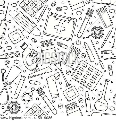 Seamless Background With Medical Elements. Outline. Coloring Book. Vector Background