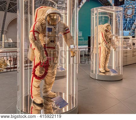 Moscow, Russia - November 28, 2018: Space museum. Inside The Cosmonautics and Aviation Centre in the Cosmos pavilion of VDNH. Aircraft exhibition. Rocket science
