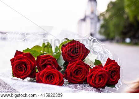Huge Beautiful Bouquet Of Wedding Roses In Nature