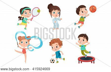 Cute Kids Playing Basketball, Jumping On Trampoline, Playing Football And Doing Karate Vector Set