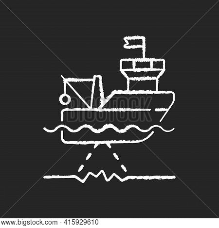 Seafloor Mapping Chalk White Icon On Black Background. Pulsing Seafloor With Series Of Soundings. Re