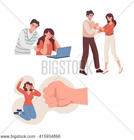 Emotional Abuse And Domestic Violence Vector Flat Illustration. Aggressive Man Yelling At His Wife, 