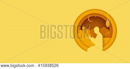 Ramadan Kareem Background Template With Mosque And Prayer. Vector