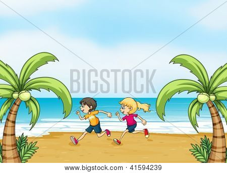 Illustratie van kinderen joggen langs de kust