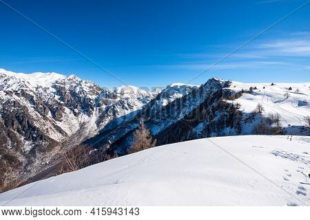 Mountain Range Of The Monte Carega In Winter With Snow, Also Called The Small Dolomites (piccole Dol