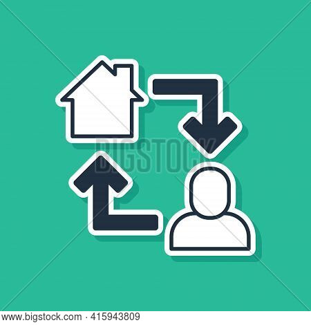 Blue Online Working Icon Isolated On Green Background. Freelancer Man Working On Laptop At His House