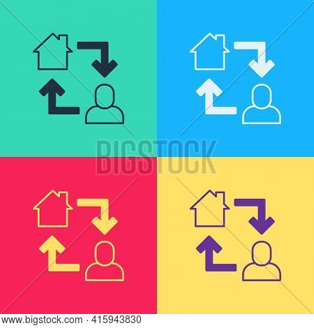 Pop Art Online Working Icon Isolated On Color Background. Freelancer Man Working On Laptop At His Ho