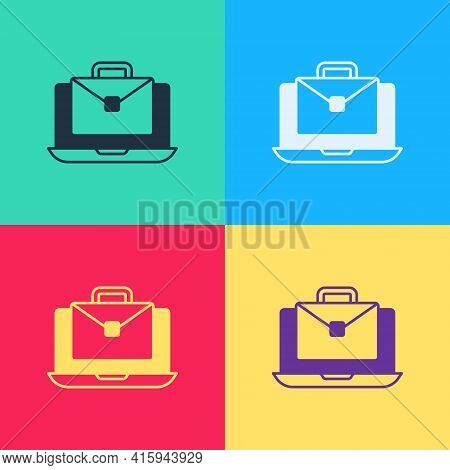 Pop Art Online Working Icon Isolated On Color Background. Freelancer Man Working On Laptop At His Ho