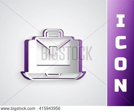 Paper Cut Online Working Icon Isolated On Grey Background. Freelancer Man Working On Laptop At His H