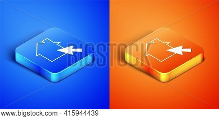 Isometric Online Working Icon Isolated On Blue And Orange Background. Freelancer Man Working On Lapt