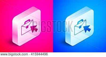 Isometric Online Working Icon Isolated On Pink And Blue Background. Freelancer Man Working On Laptop