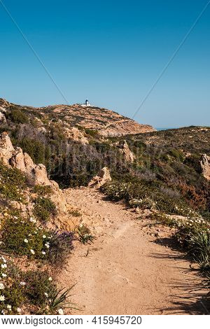 A Dusty Track Passing Through Wild Flowers As It Heads Towards The Revellata Lighthouse In The Balag