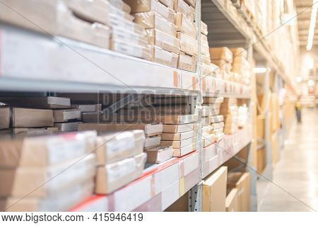 Warehouse With Cardboard Boxes Inside On Pallets Racks Prepare For Customer For Choose And Shopping 