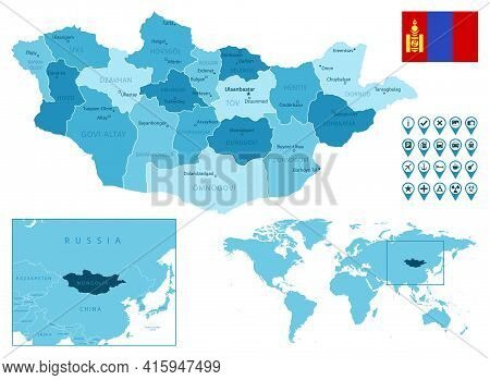 Mongolia Detailed Administrative Blue Map With Country Flag And Location On The World Map. Vector Il