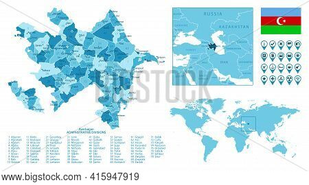 Azerbaijan Detailed Administrative Blue Map With Country Flag And Location On The World Map. Vector 