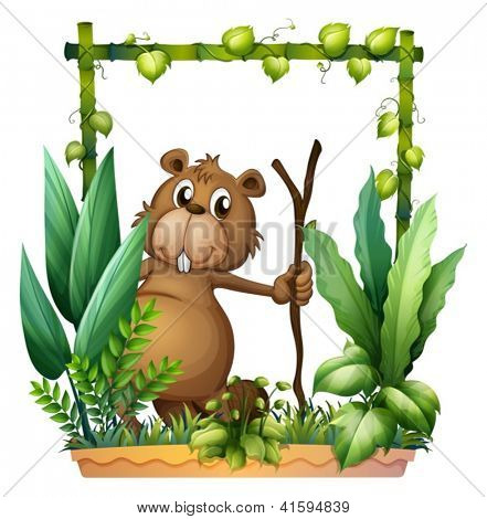 Illustration av en bäver som innehar en trä på en vit bakgrund