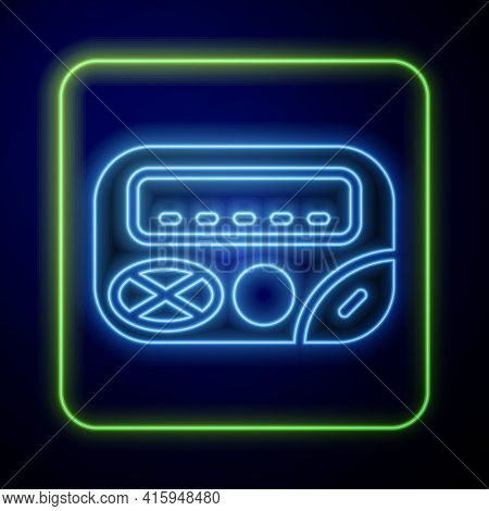 Glowing Neon Pager Icon Isolated On Blue Background. Vintage 1990s Electronics Messenger. Vector