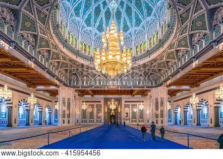 Muscat, Oman - 04.04.2018: Awe Inspiring Interior Of Sultan Qaboos Grand Mosque.