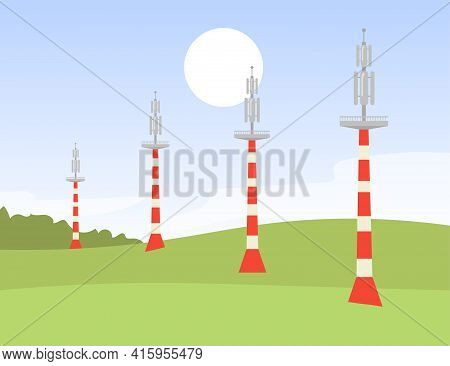 Metal Signal Transmission Towers In Field. S Un, Wi-fi, Network Flat Vector Illustration. Communicat