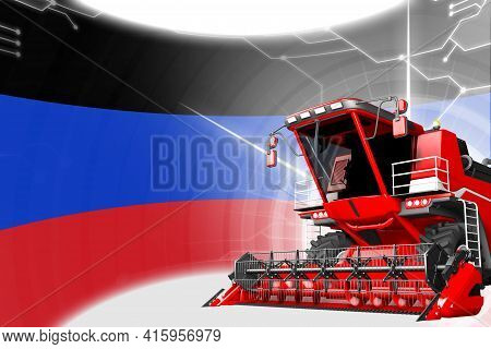 Digital Industrial 3d Illustration Of Red Advanced Farm Combine Harvester On Donetsk Peoples Republi