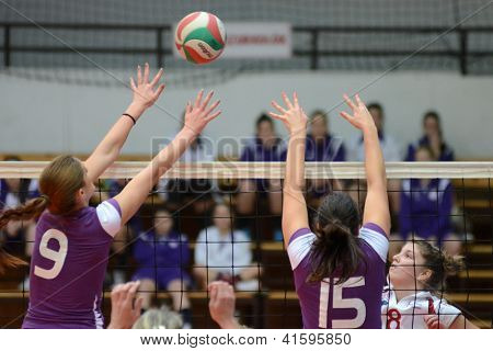 KAPOSVAR, Hungría - 27 de enero: Timea Kondor (en blanco) en acción en el volleyb de la Liga húngara de I.