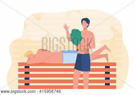 Cartoon People Characters Taking Steam Bath Together. Flat Vector Illustration. Two Men Enjoying Bat