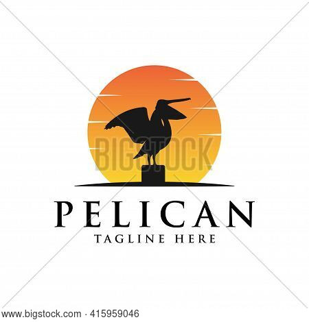 Pelican Bird Logo Vintage With Sun Background Vector Illustration Design