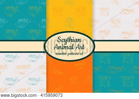Collection Of Seamless Patterns With Ancient Scythian Art And Animal Motifs Designed For Web, Fabric
