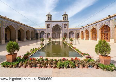 Shiraz, Iran-04.17.2019: Courtyard Of The Pink Mosque, Nasir Al-mulk, With No People. Beautiful Mosq