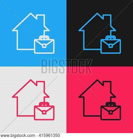 Pop Art Line Online Working Icon Isolated On Color Background. Freelancer Man Working On Laptop At H