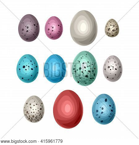 Colorful Bird's Speckled Eggs. Quail Easter Eggs For Holiday Celebration Design, Illustration In Car