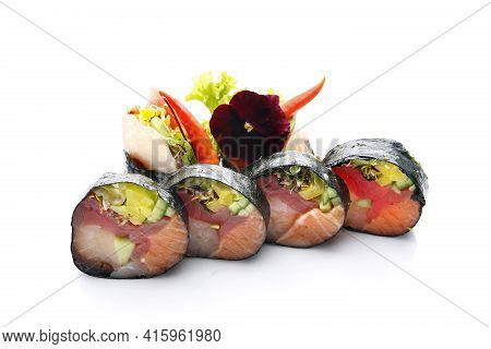 6 Piece Sashimi Futomaki Set With Tuna, Salmon, Tilapia, Vegetables, Garnished With Edible Flower, I