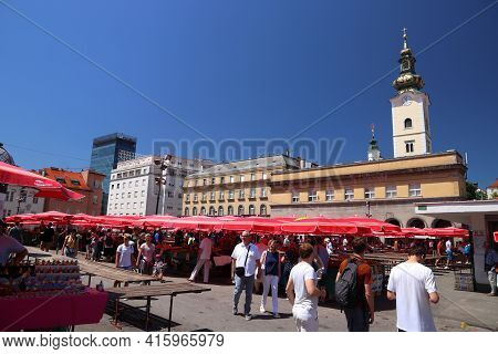 Zagreb, Croatia - June 30, 2019: People Visit Dolac Market Place In Zagreb, Capital City Of Croatia.