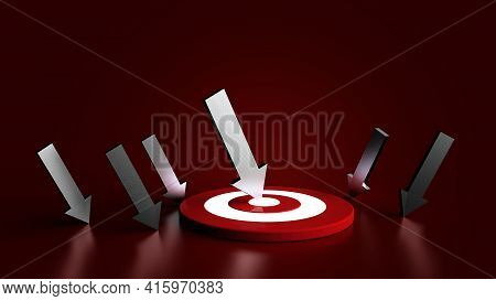 Silver Arrow Hit In The Target In Redbackground. Business Concept. 3d Illustration.