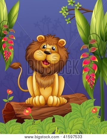 Illustration av en lion isitting ovanför en stam