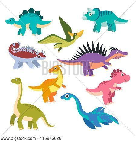 Cute Dino. Cartoon Dinosaurs, Baby Dragons, Prehistoric Monsters. Funny Jurassic Animals Vector Chil