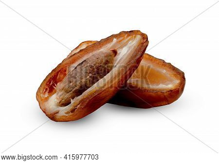 Dry Dates Palm Sliced Isolated On White Background.