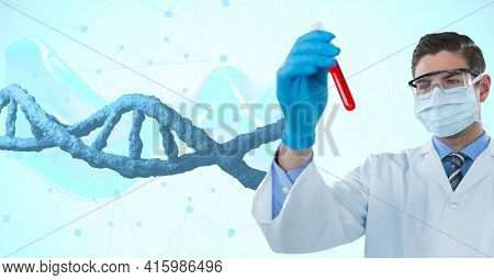 Caucasian male doctor holding a test tube against dna structure and network of connections. global networking and medical research technology concept