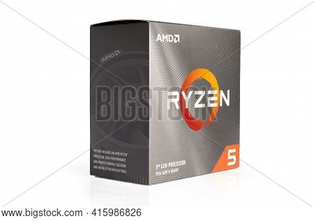 Carrara, Italy - April 07, 2021 - Amd Ryzen Series 3 Processor Box Isolated On White Background