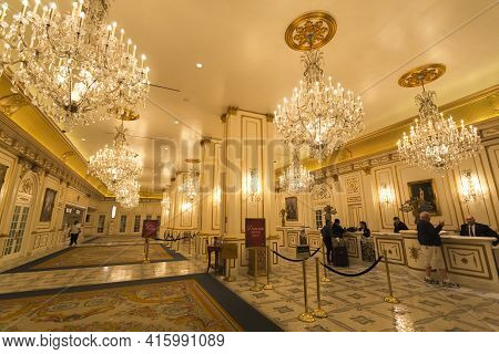 Las Vegas, Nv, September 12: Registration Desk At The Paris Hotel In Las Vegas At Night. Utah. Usa 2