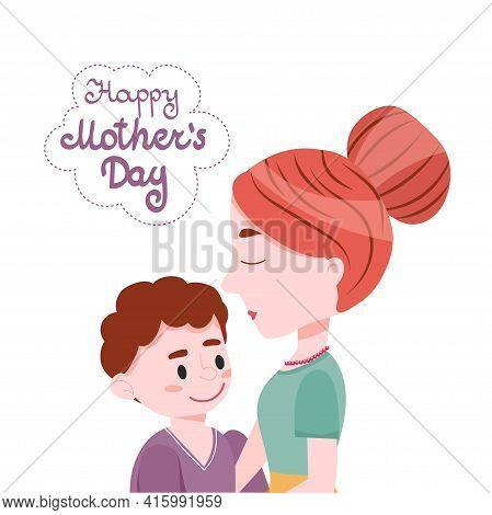 Mom With Little Son And Lettering Happy Mothers Day Cartoon Cute Vector Illustration.