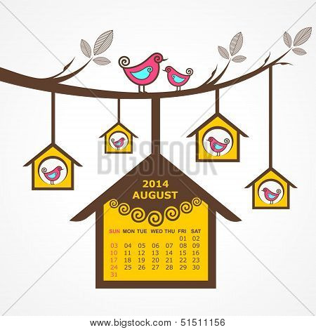 Calendar of August 2014 with birds sit on branch stock vector