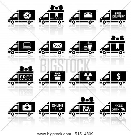 Set of Cargo trucks black icons