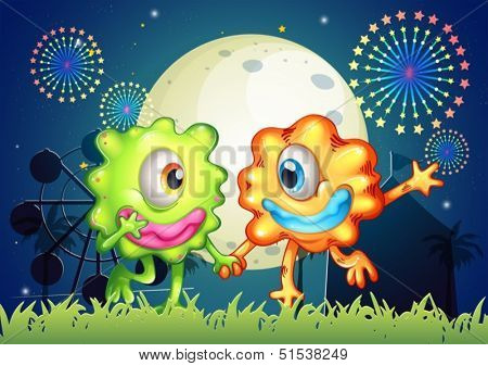 Illustration of the two monsters at the carnival under the bright fullmoon