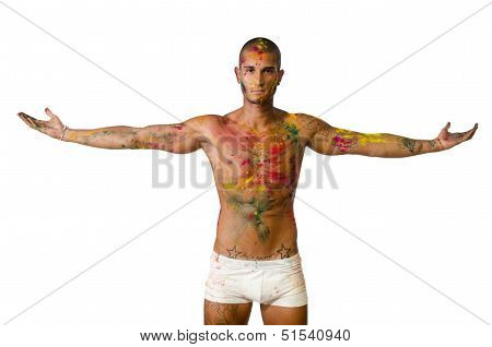 Handsome Young Man With Skin All Painted With Honi Colors, With Arms Open
