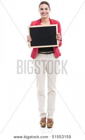Business woman holding a shalk board on the hands, isolated over a white background (with copy space for designers)