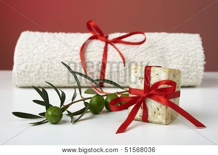 Handmade Olive Soap With Olive Branch And A Towel, As A Gift.