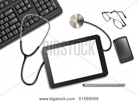 Tablet touch pad and office supplies on the table at the doctor. Vector illustration. 
